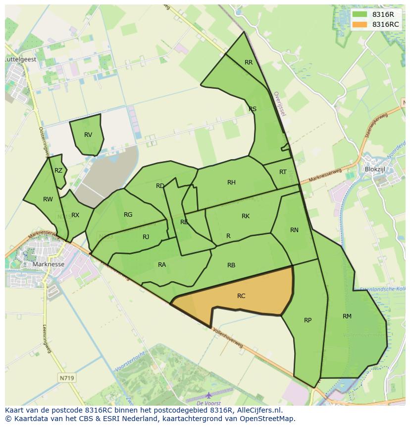Afbeelding van het postcodegebied 8316 RC op de kaart.