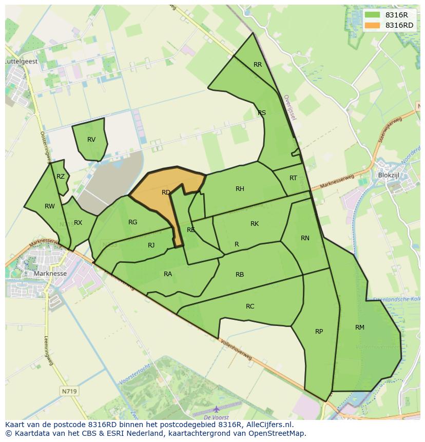 Afbeelding van het postcodegebied 8316 RD op de kaart.