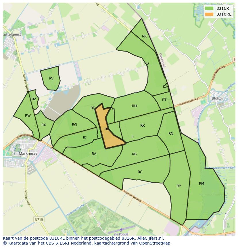 Afbeelding van het postcodegebied 8316 RE op de kaart.