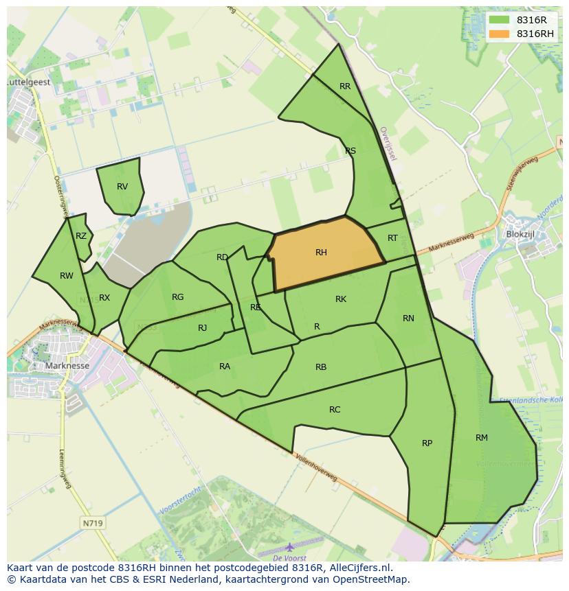 Afbeelding van het postcodegebied 8316 RH op de kaart.