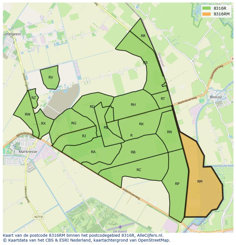 Afbeelding van het postcodegebied 8316 RM op de kaart.