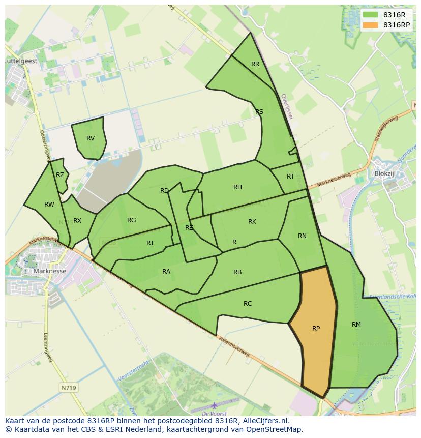 Afbeelding van het postcodegebied 8316 RP op de kaart.