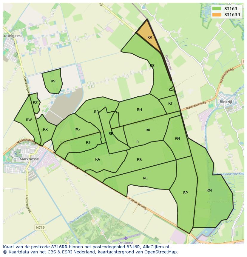 Afbeelding van het postcodegebied 8316 RR op de kaart.