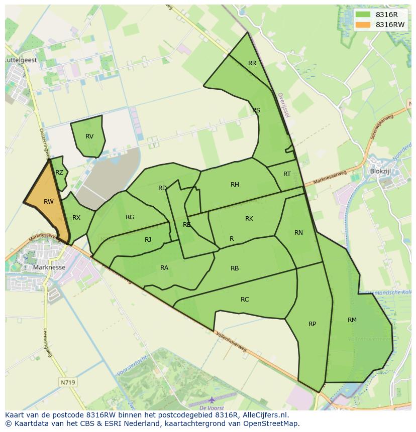 Afbeelding van het postcodegebied 8316 RW op de kaart.