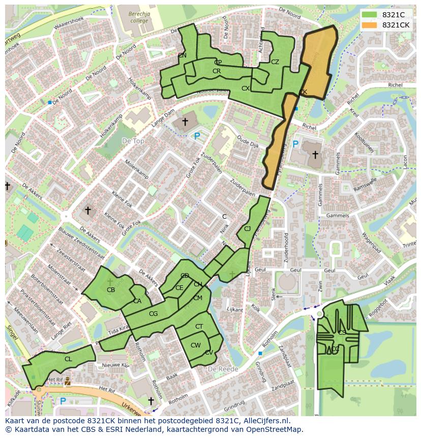 Afbeelding van het postcodegebied 8321 CK op de kaart.