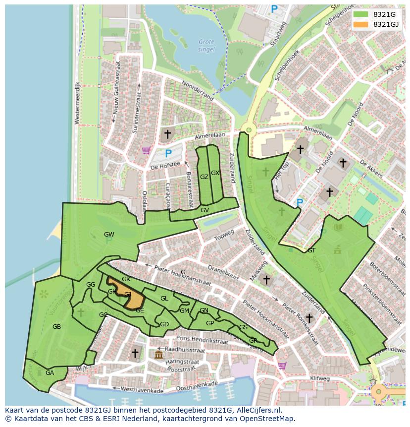 Afbeelding van het postcodegebied 8321 GJ op de kaart.