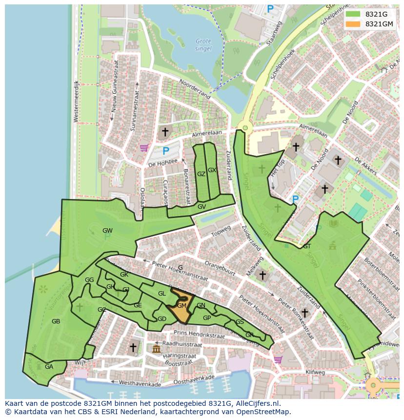 Afbeelding van het postcodegebied 8321 GM op de kaart.