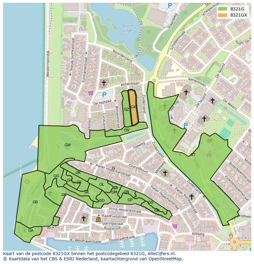 Afbeelding van het postcodegebied 8321 GX op de kaart.