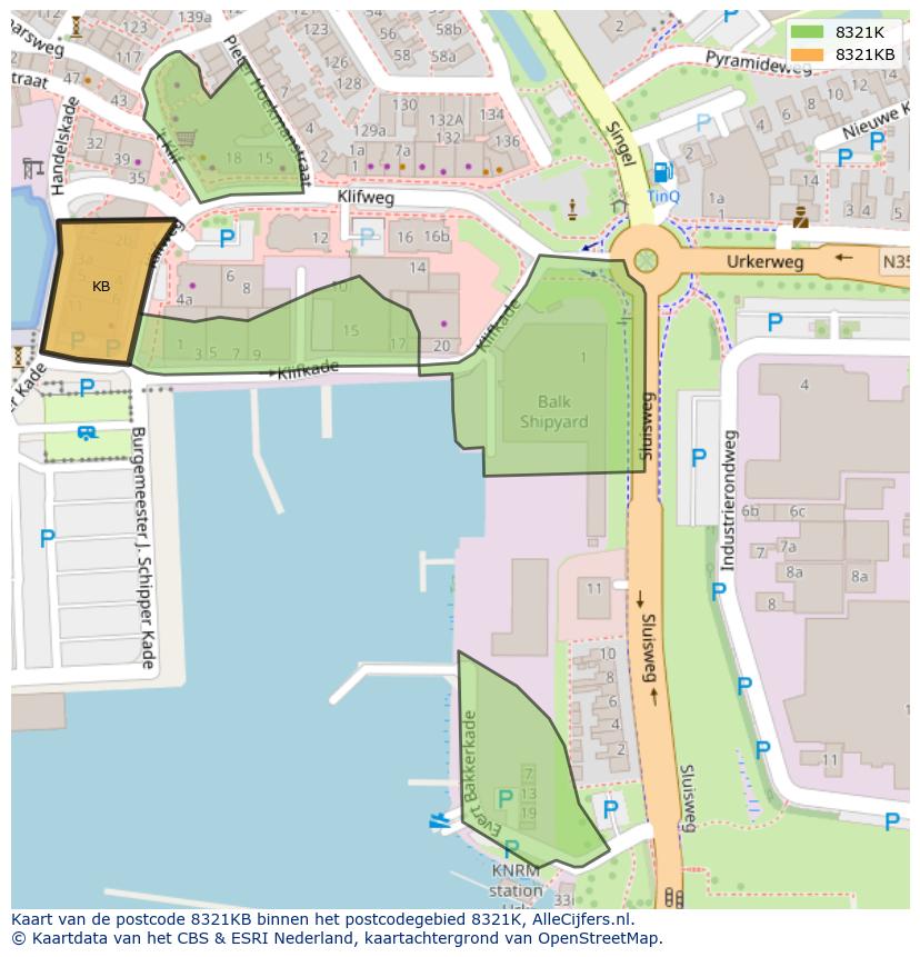 Afbeelding van het postcodegebied 8321 KB op de kaart.