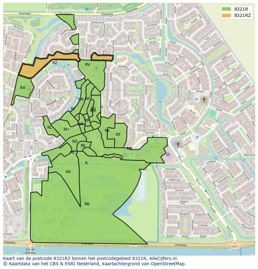 Afbeelding van het postcodegebied 8321 RZ op de kaart.