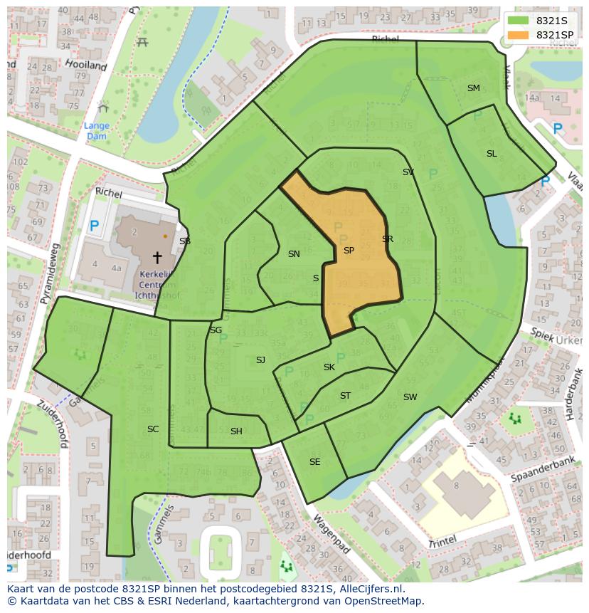 Afbeelding van het postcodegebied 8321 SP op de kaart.