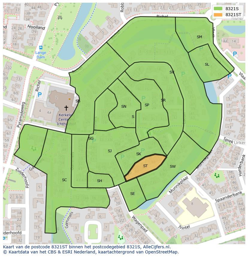 Afbeelding van het postcodegebied 8321 ST op de kaart.