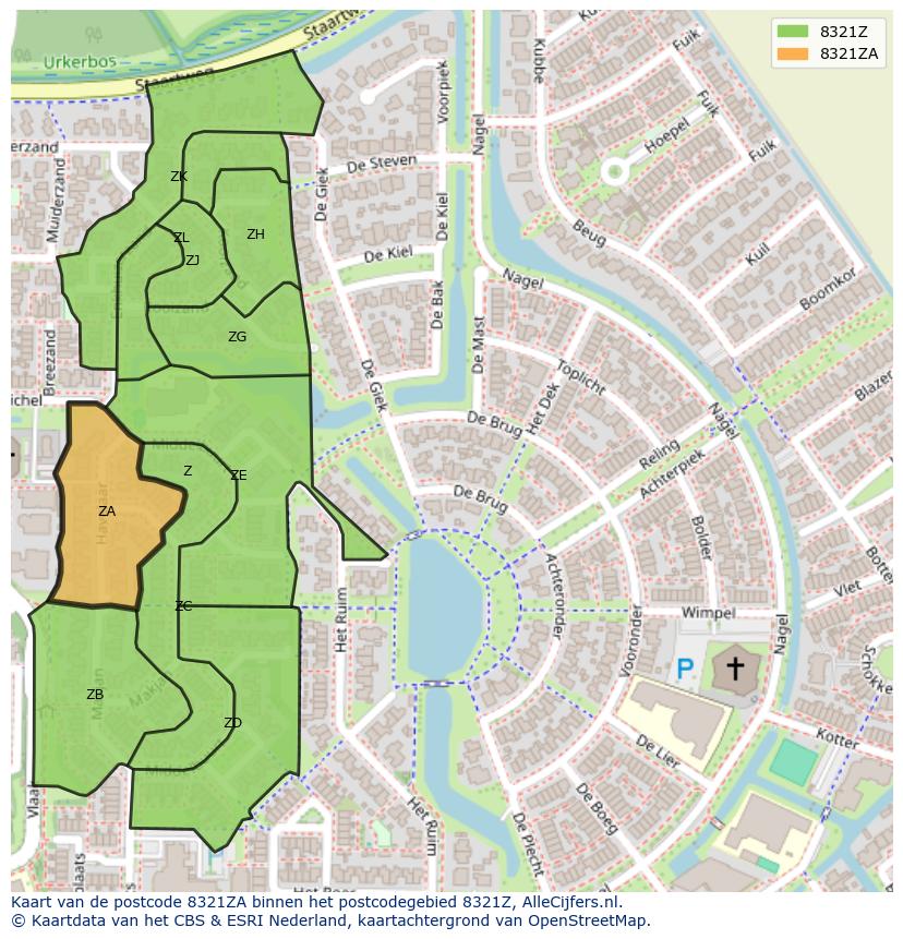 Afbeelding van het postcodegebied 8321 ZA op de kaart.