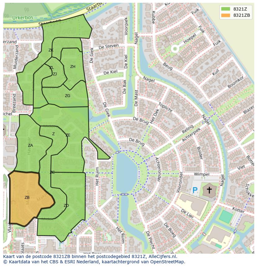 Afbeelding van het postcodegebied 8321 ZB op de kaart.