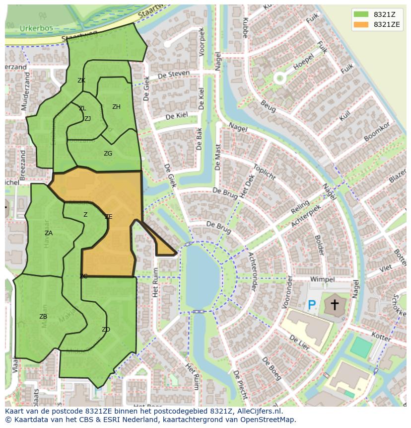Afbeelding van het postcodegebied 8321 ZE op de kaart.