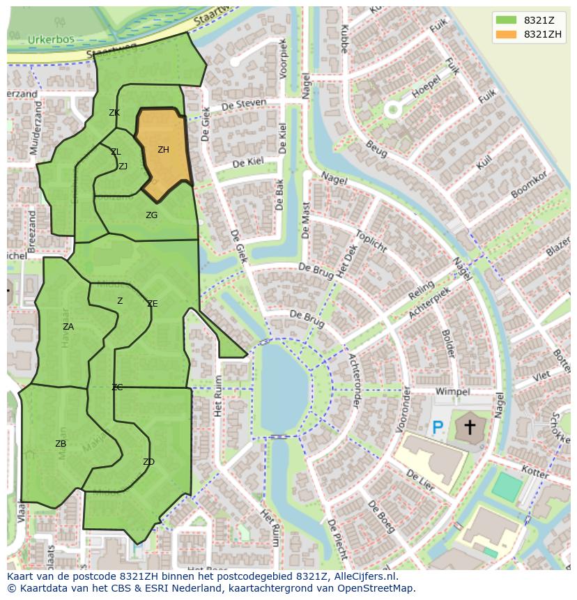 Afbeelding van het postcodegebied 8321 ZH op de kaart.