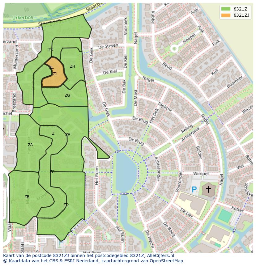 Afbeelding van het postcodegebied 8321 ZJ op de kaart.