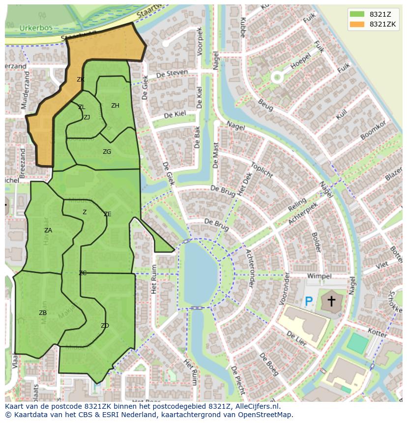 Afbeelding van het postcodegebied 8321 ZK op de kaart.