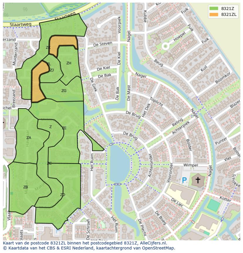 Afbeelding van het postcodegebied 8321 ZL op de kaart.
