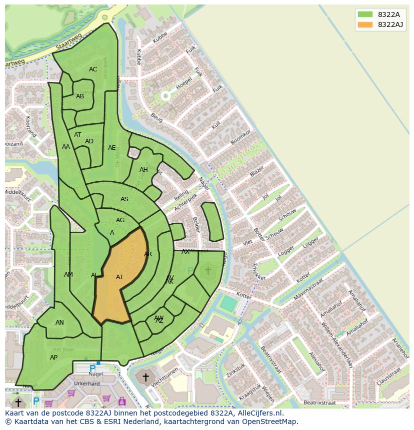 Afbeelding van het postcodegebied 8322 AJ op de kaart.