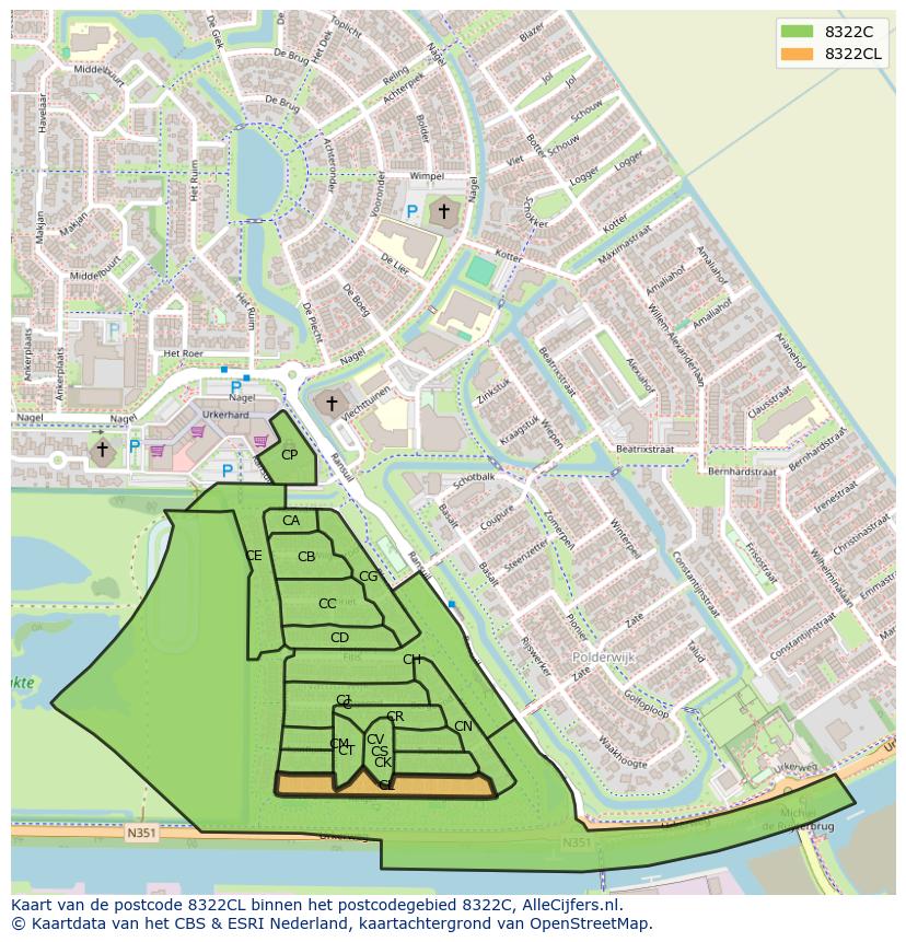 Afbeelding van het postcodegebied 8322 CL op de kaart.