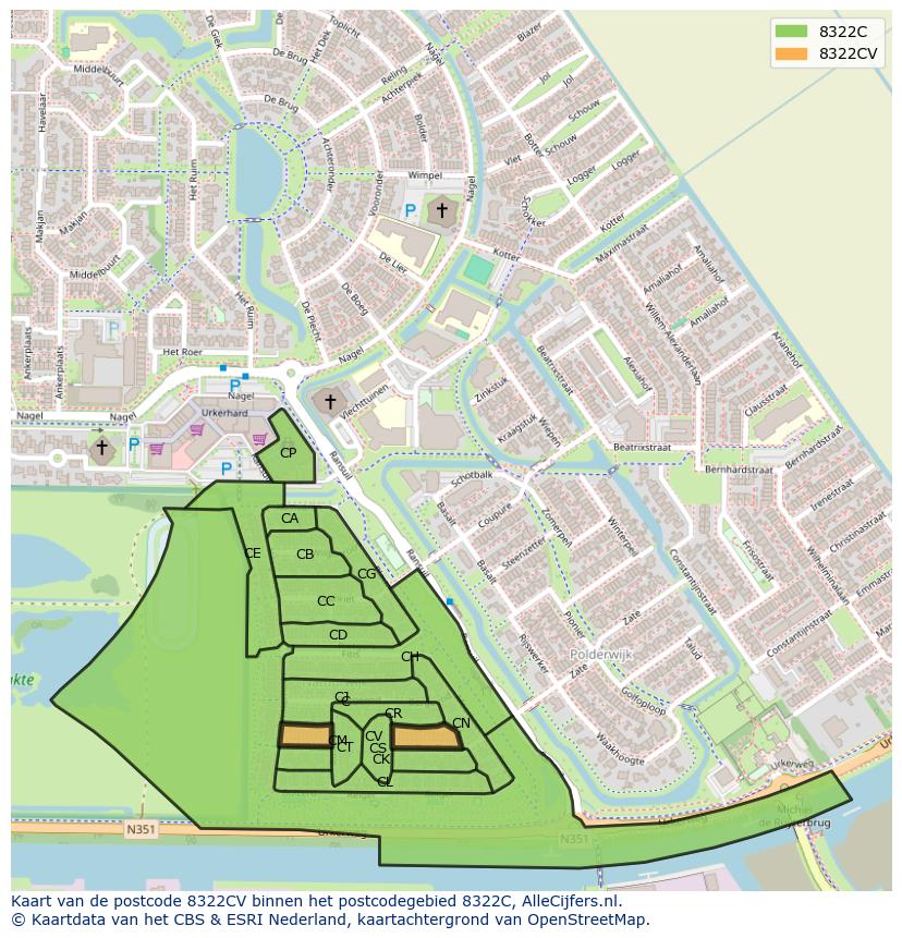 Afbeelding van het postcodegebied 8322 CV op de kaart.