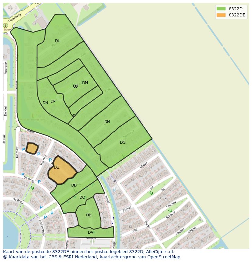 Afbeelding van het postcodegebied 8322 DE op de kaart.