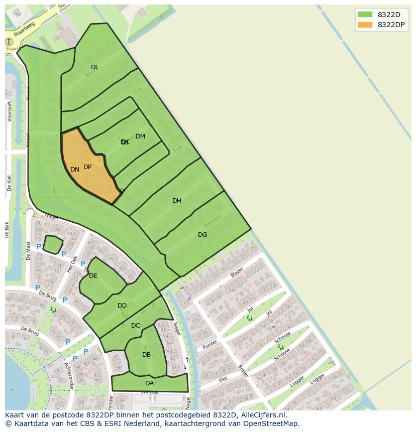Afbeelding van het postcodegebied 8322 DP op de kaart.