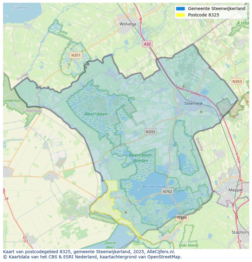 Afbeelding van het postcodegebied 8325 op de kaart.