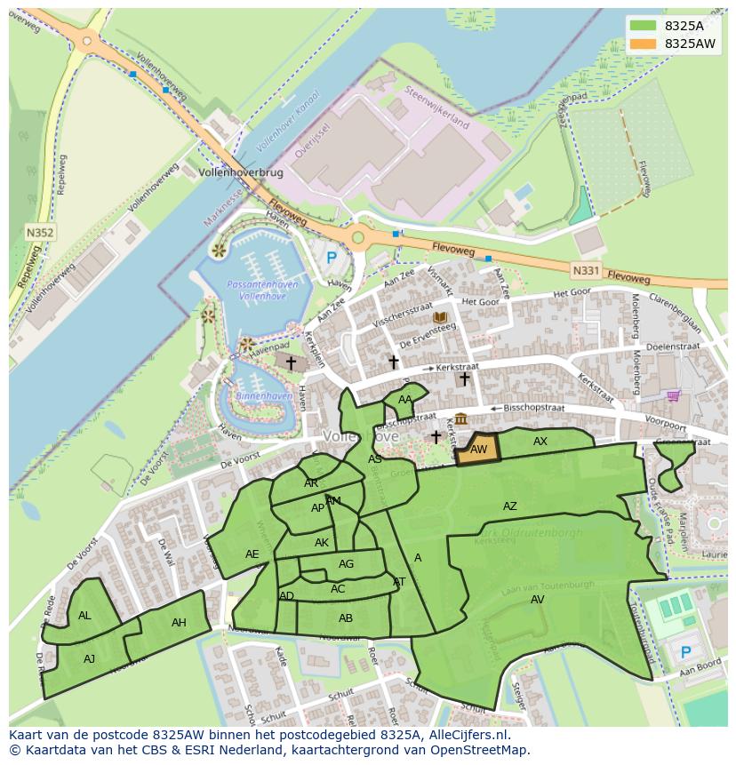 Afbeelding van het postcodegebied 8325 AW op de kaart.