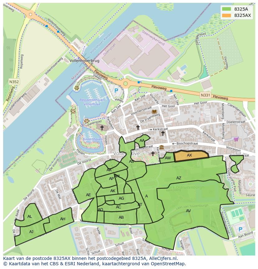 Afbeelding van het postcodegebied 8325 AX op de kaart.