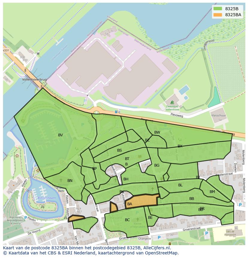 Afbeelding van het postcodegebied 8325 BA op de kaart.