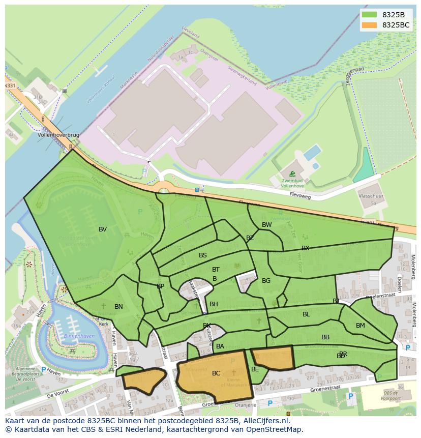 Afbeelding van het postcodegebied 8325 BC op de kaart.