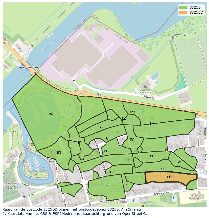 Afbeelding van het postcodegebied 8325 BD op de kaart.