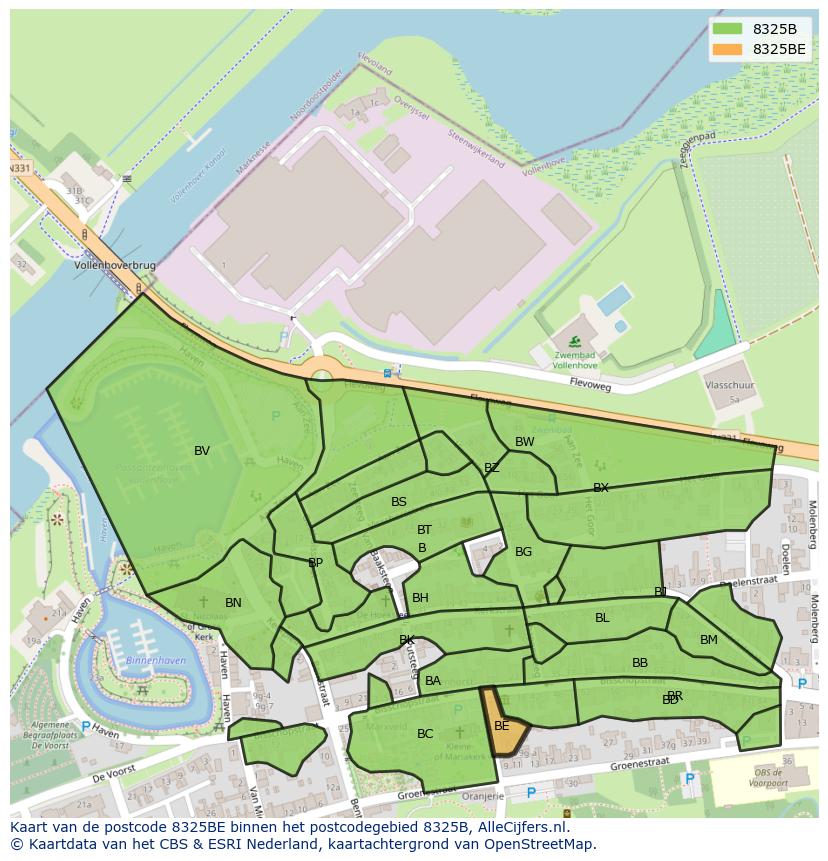 Afbeelding van het postcodegebied 8325 BE op de kaart.