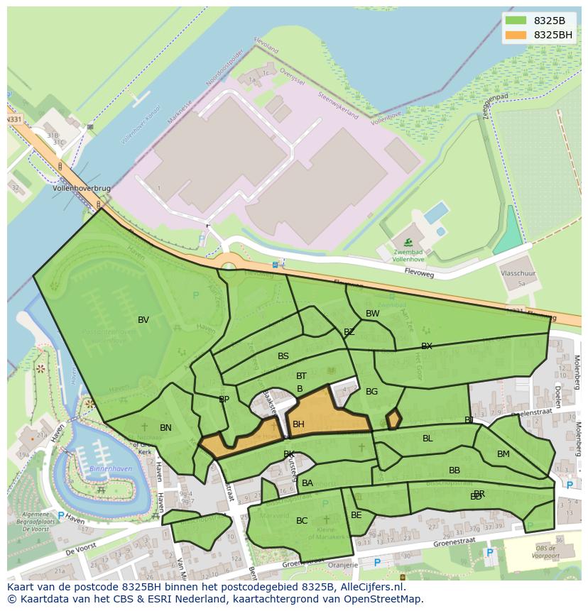 Afbeelding van het postcodegebied 8325 BH op de kaart.