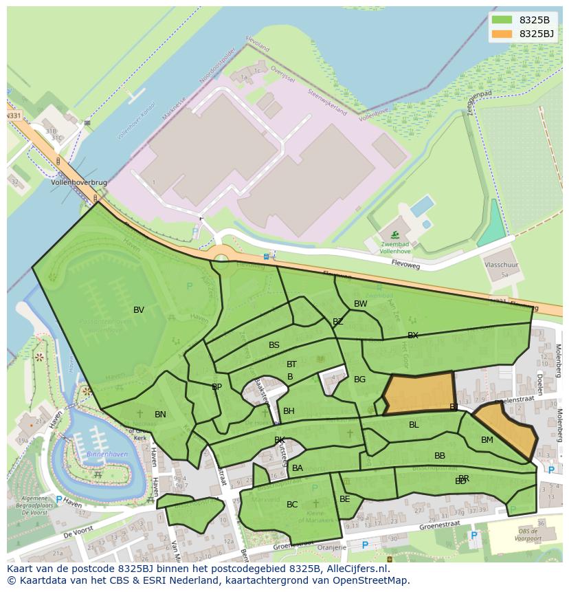Afbeelding van het postcodegebied 8325 BJ op de kaart.