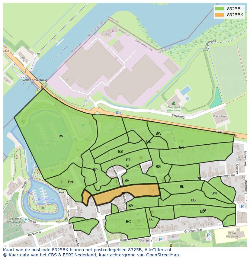 Afbeelding van het postcodegebied 8325 BK op de kaart.