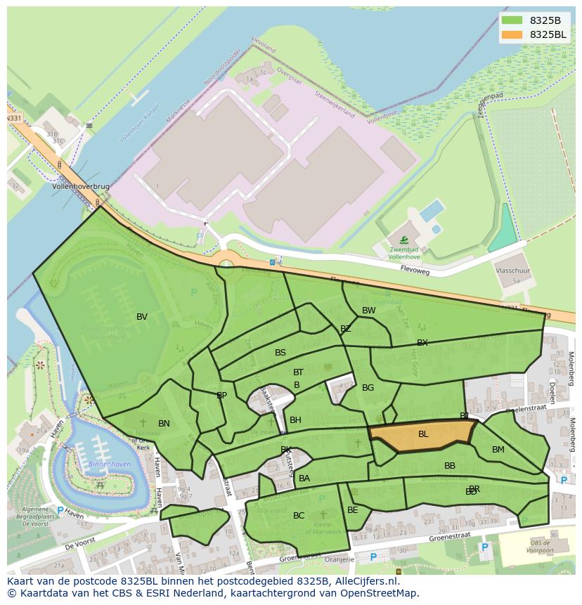 Afbeelding van het postcodegebied 8325 BL op de kaart.