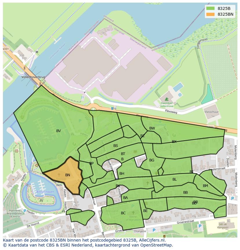 Afbeelding van het postcodegebied 8325 BN op de kaart.