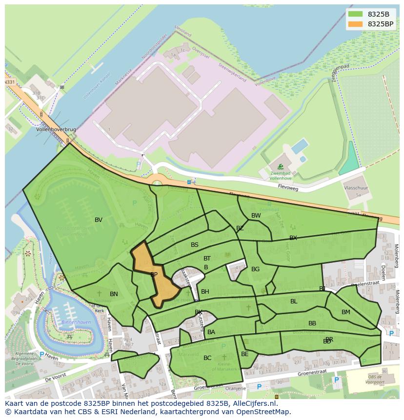 Afbeelding van het postcodegebied 8325 BP op de kaart.