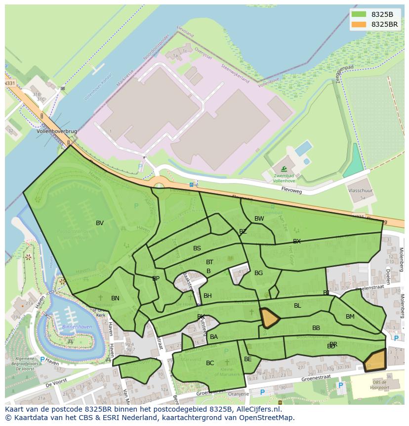 Afbeelding van het postcodegebied 8325 BR op de kaart.