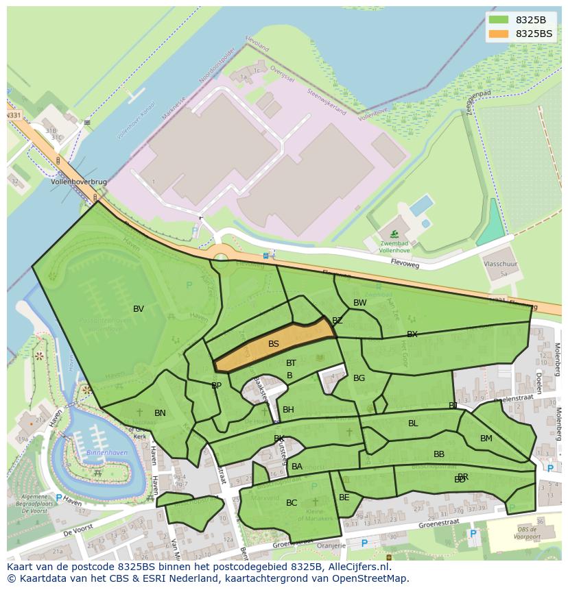 Afbeelding van het postcodegebied 8325 BS op de kaart.