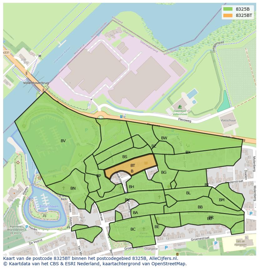 Afbeelding van het postcodegebied 8325 BT op de kaart.