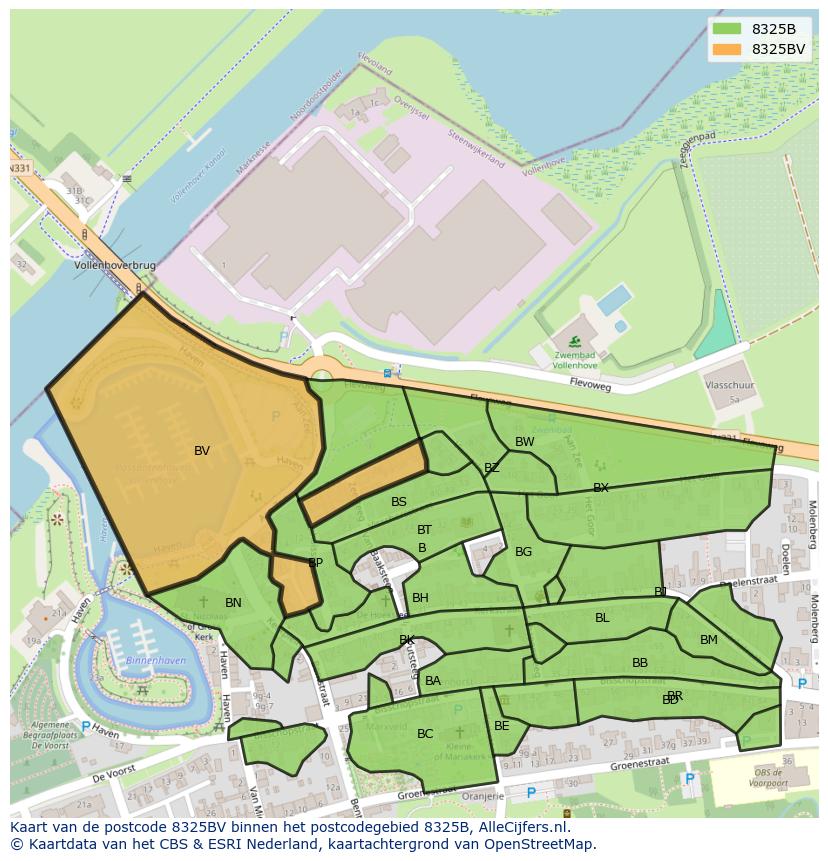 Afbeelding van het postcodegebied 8325 BV op de kaart.