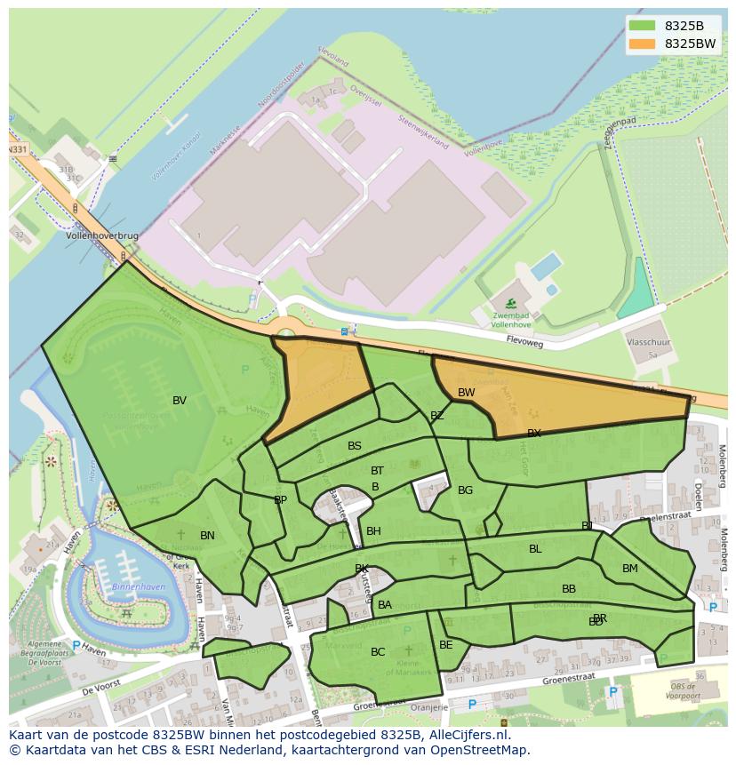 Afbeelding van het postcodegebied 8325 BW op de kaart.