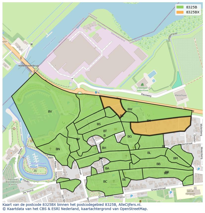 Afbeelding van het postcodegebied 8325 BX op de kaart.