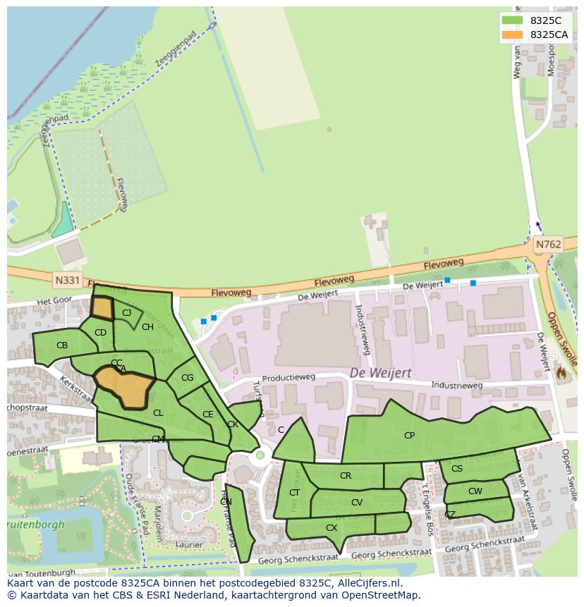 Afbeelding van het postcodegebied 8325 CA op de kaart.