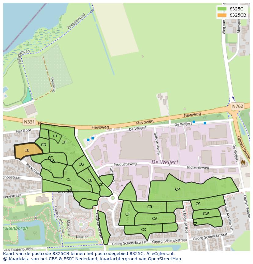 Afbeelding van het postcodegebied 8325 CB op de kaart.
