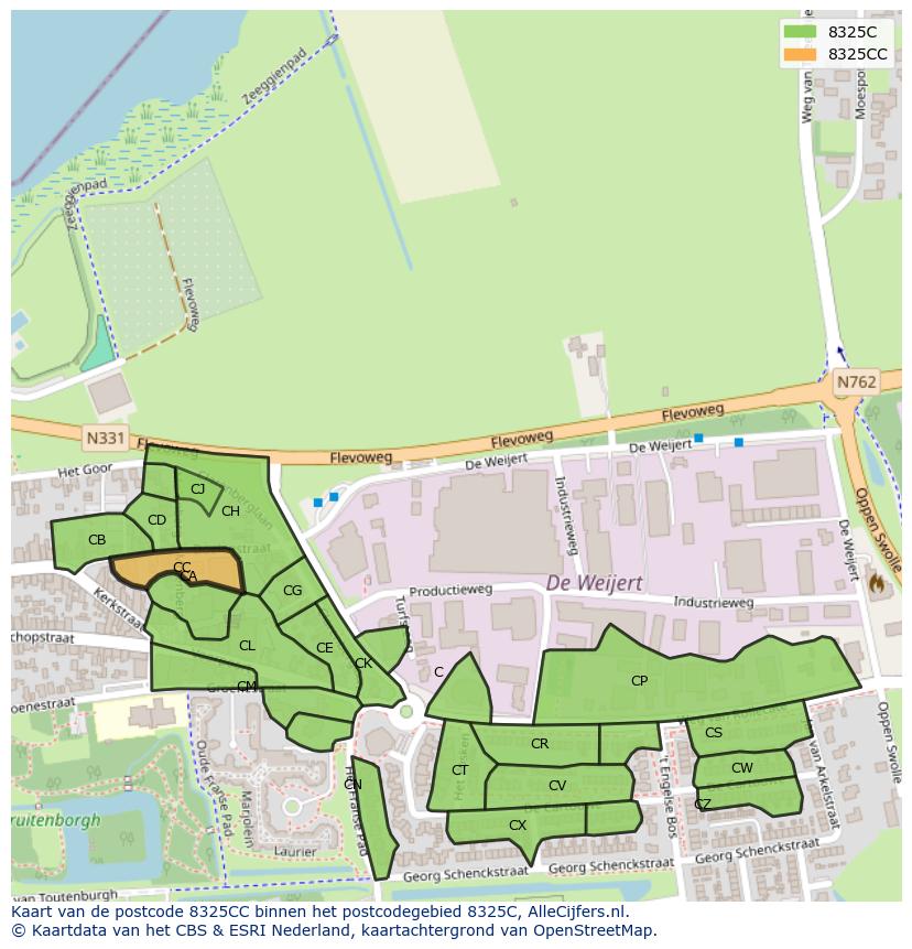 Afbeelding van het postcodegebied 8325 CC op de kaart.